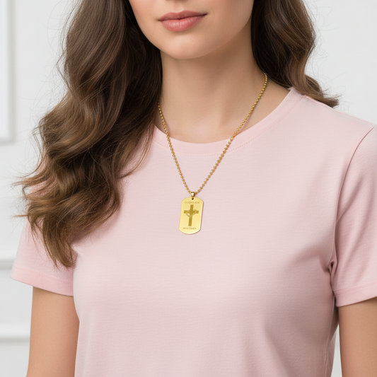 "O Crux ave, spes unica" Cross Tag Necklace with Personalized Engraving