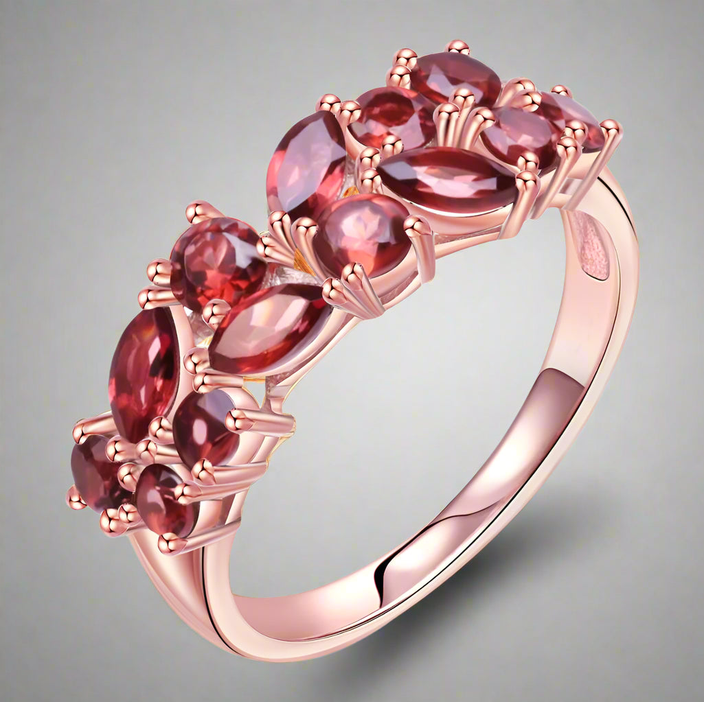 GRACE Red Garnet Cluster Band Ring in Rose Gold Sterling Silver