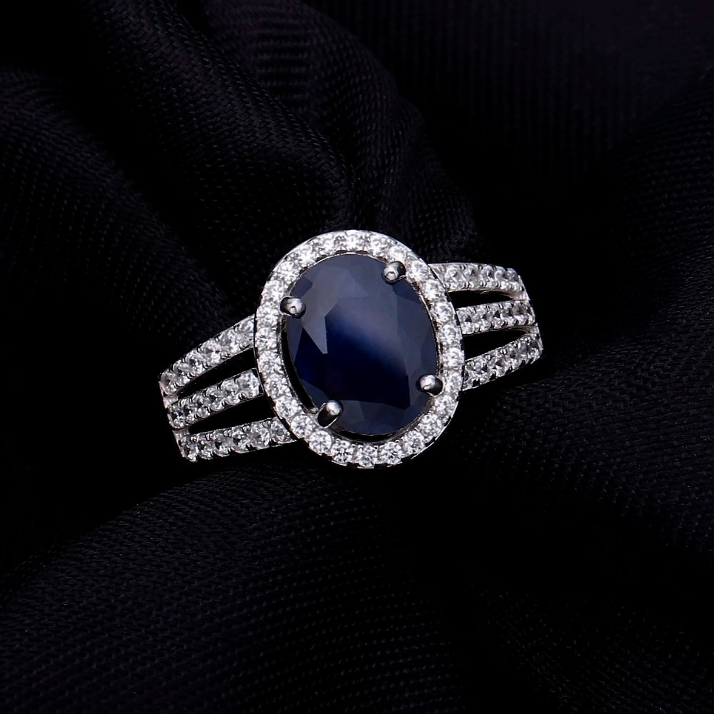 GRACE Oval Blue Sapphire Halo Ring in Gold Plated Sterling Silver