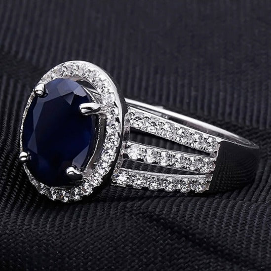 GRACE Oval Blue Sapphire Halo Ring in Gold Plated Sterling Silver