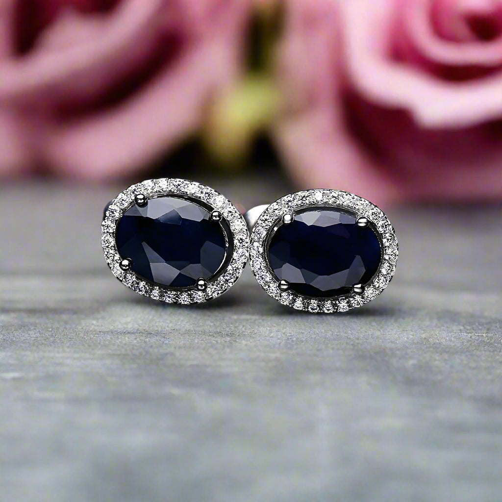GRACE Oval Blue Sapphire Halo Stud Earrings in Sterling Silver