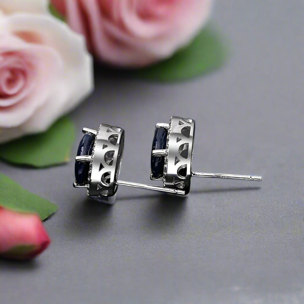 GRACE Oval Blue Sapphire Halo Stud Earrings in Sterling Silver