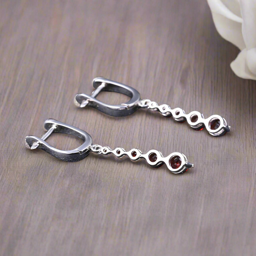 GRACE Round Red Garnet Drop Earrings in Sterling Silver
