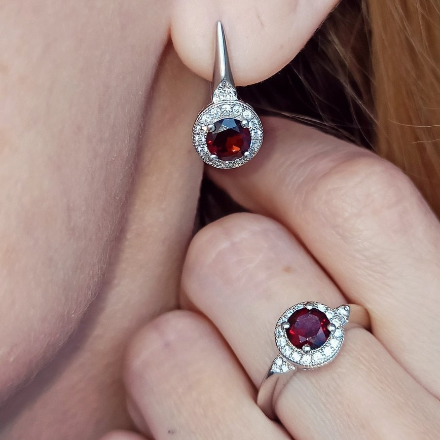 GRACE Red Garnet Halo Earrings Ring Set in Sterling Silver