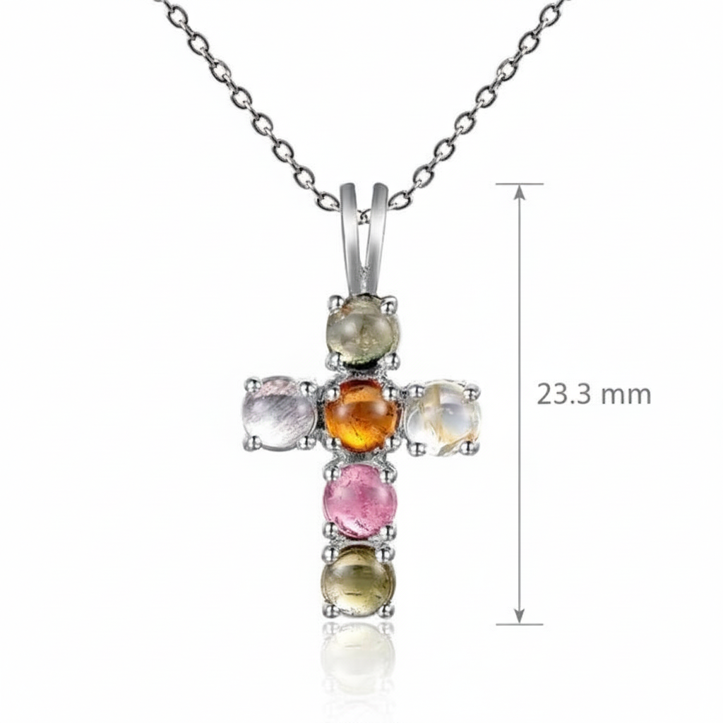 GRACE Round Tourmaline Cross Pendant Necklace in Sterling Silver