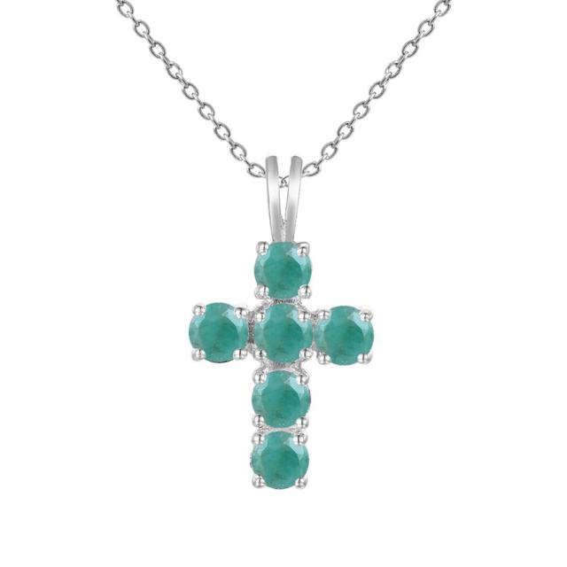 Collar con colgante de cruz de esmeralda redonda GRACE en plata de ley