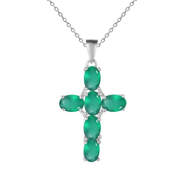 Collar con colgante de cruz de ágata verde ovalada GRACE en plata de ley