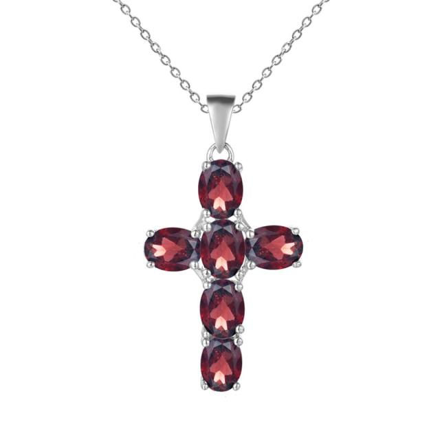 Collier pendentif croix ovale en grenat rouge GRACE en argent sterling