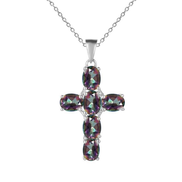 Collar con colgante de cruz de cuarzo místico ovalado GRACE en plata de ley