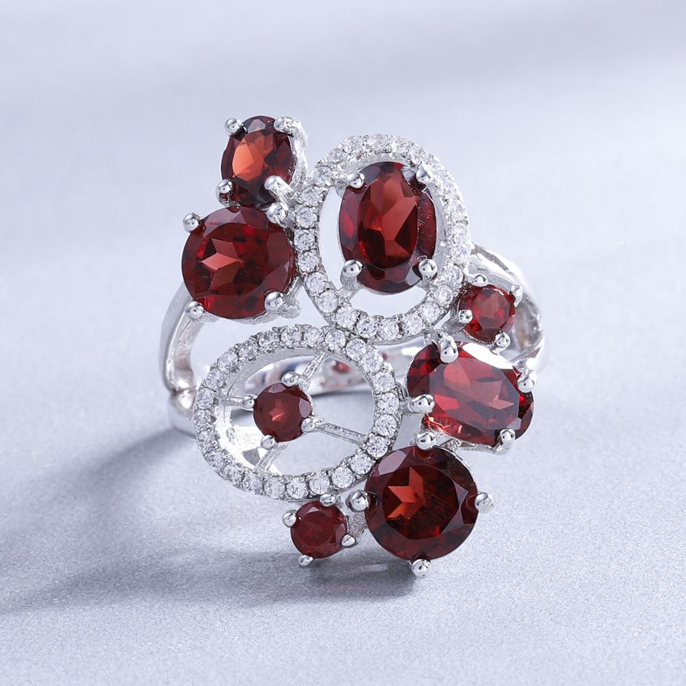 Conjunto de pendientes y anillos con flor de granate rojo GRACE en plata de ley