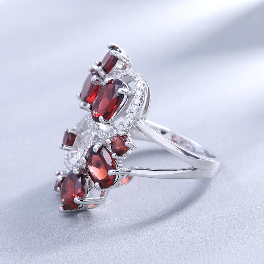 Conjunto de pendientes y anillos con flor de granate rojo GRACE en plata de ley