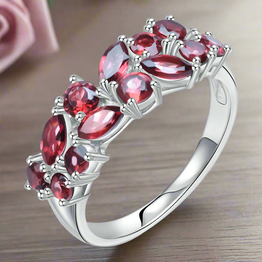 GRACE Red Garnet Cluster Band Ring in Rose Gold Sterling Silver
