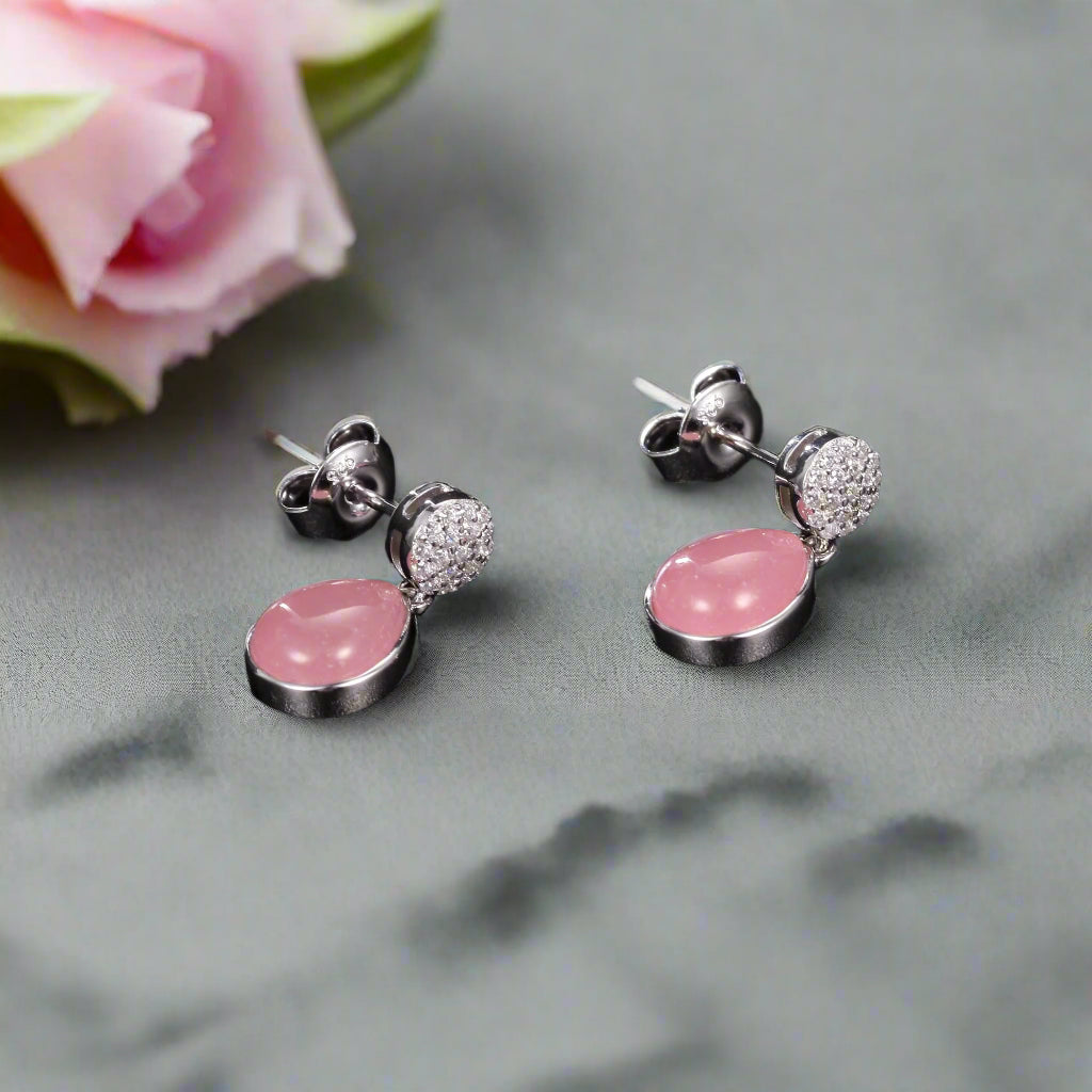 GRACE Rose Quartz CZ Drop Earrings in Sterling Silver