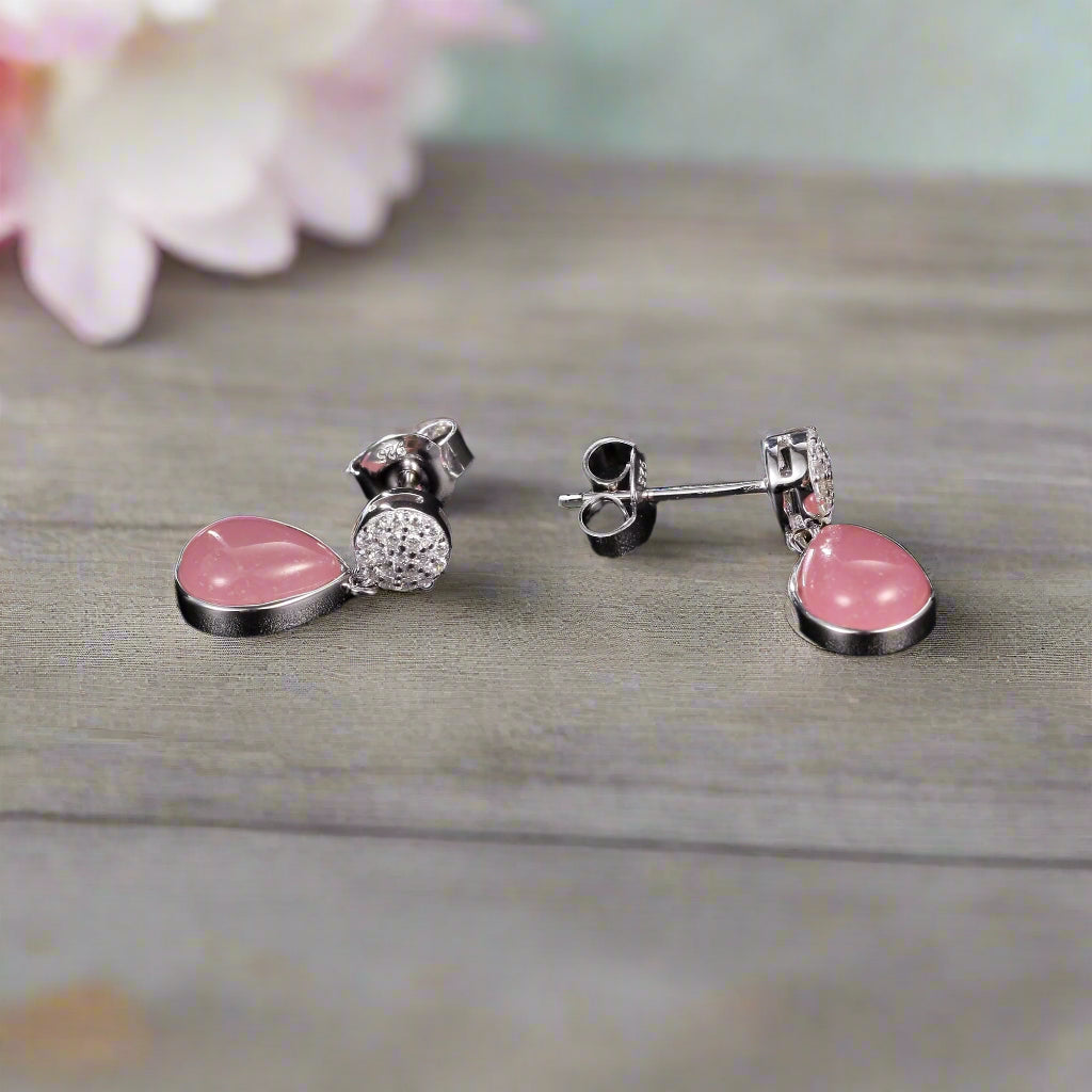 GRACE Rose Quartz CZ Drop Earrings in Sterling Silver