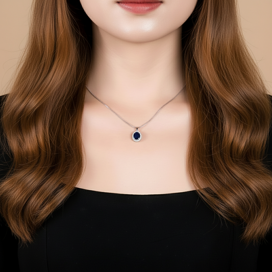 GRACE Oval Blue Sapphire Halo Pendant Necklace in Gold Plated Sterling Silver