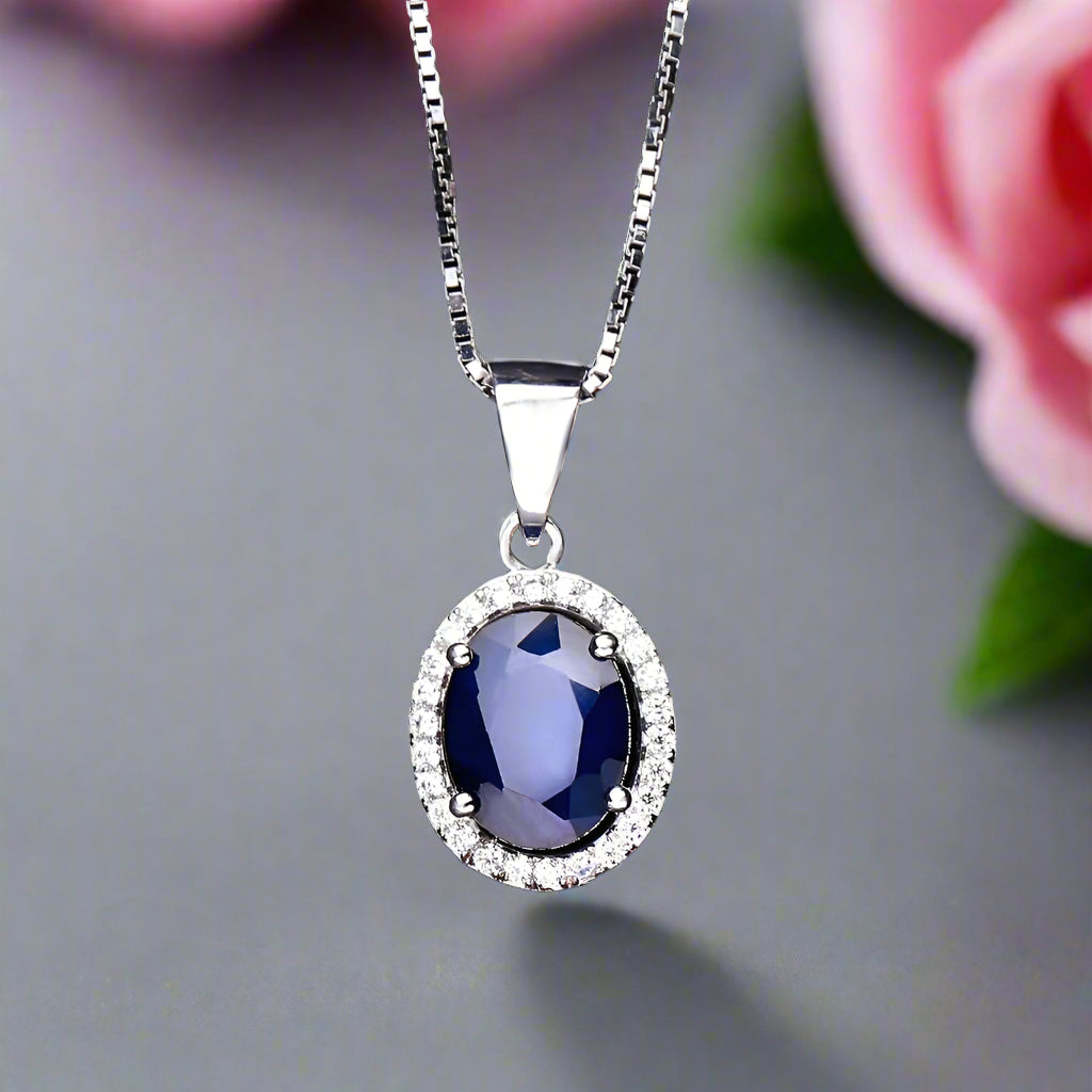 GRACE Oval Blue Sapphire Halo Pendant Necklace in Gold Plated Sterling Silver