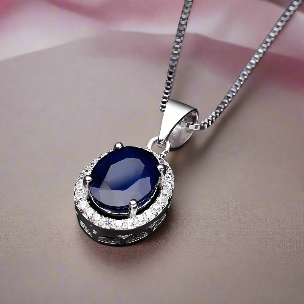 GRACE Oval Blue Sapphire Halo Pendant Necklace in Gold Plated Sterling Silver