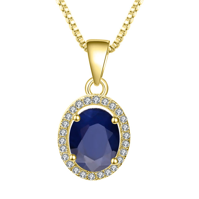 GRACE Oval Blue Sapphire Halo Pendant Necklace in Gold Plated Sterling Silver