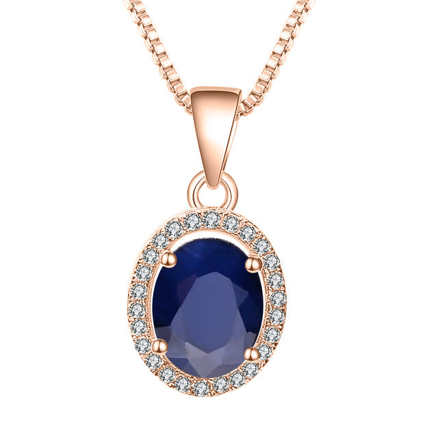 GRACE Oval Blue Sapphire Halo Pendant Necklace in Gold Plated Sterling Silver