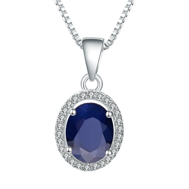 GRACE Oval Blue Sapphire Halo Pendant Necklace in Gold Plated Sterling Silver