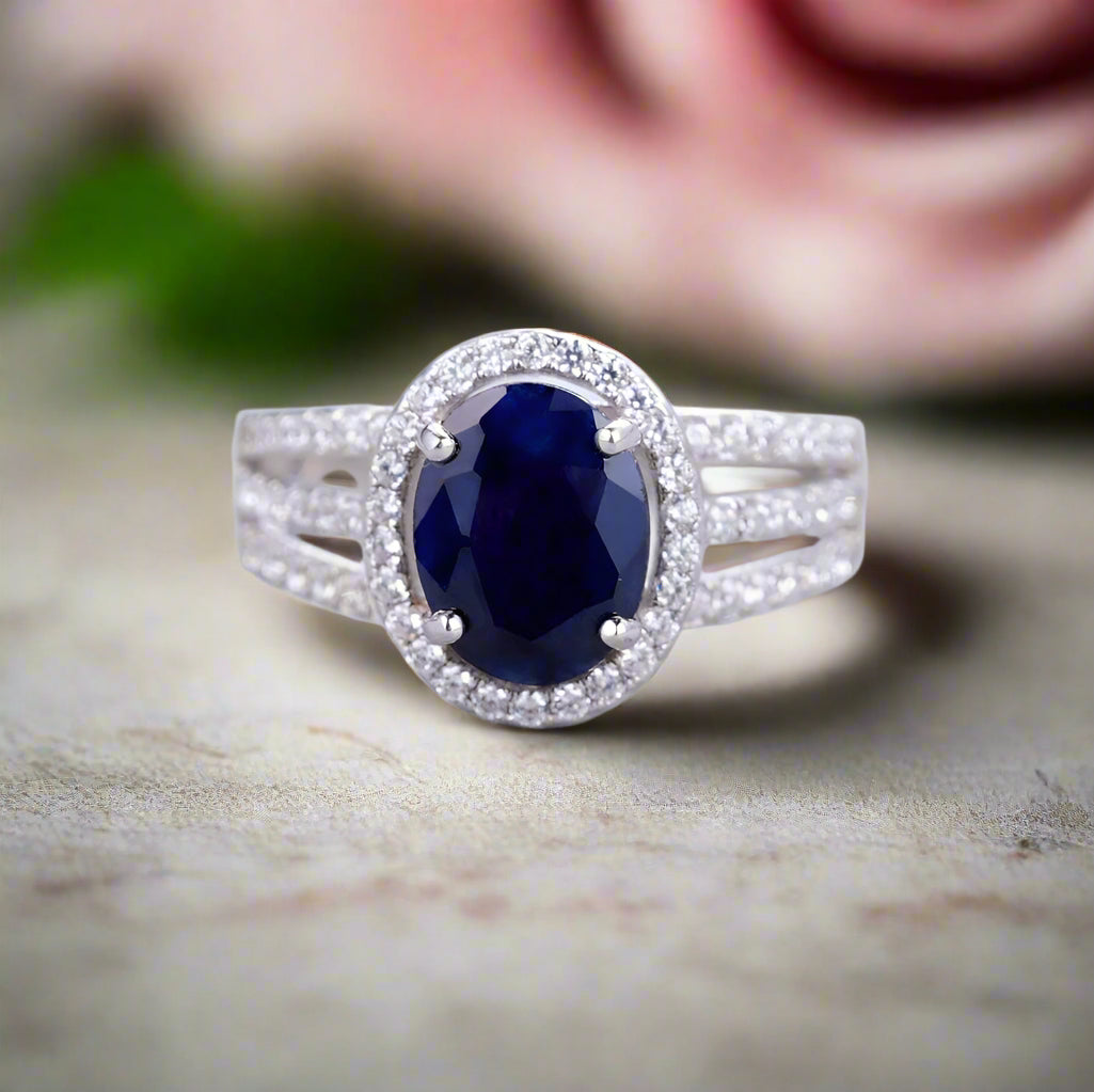 GRACE Oval Blue Sapphire Halo Ring in Gold Plated Sterling Silver