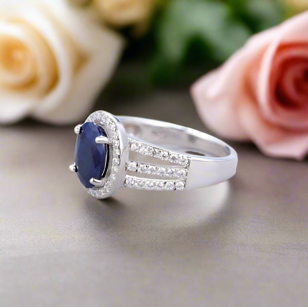GRACE Oval Blue Sapphire Halo Ring in Gold Plated Sterling Silver