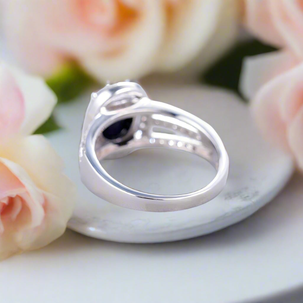 GRACE Oval Blue Sapphire Halo Ring in Gold Plated Sterling Silver
