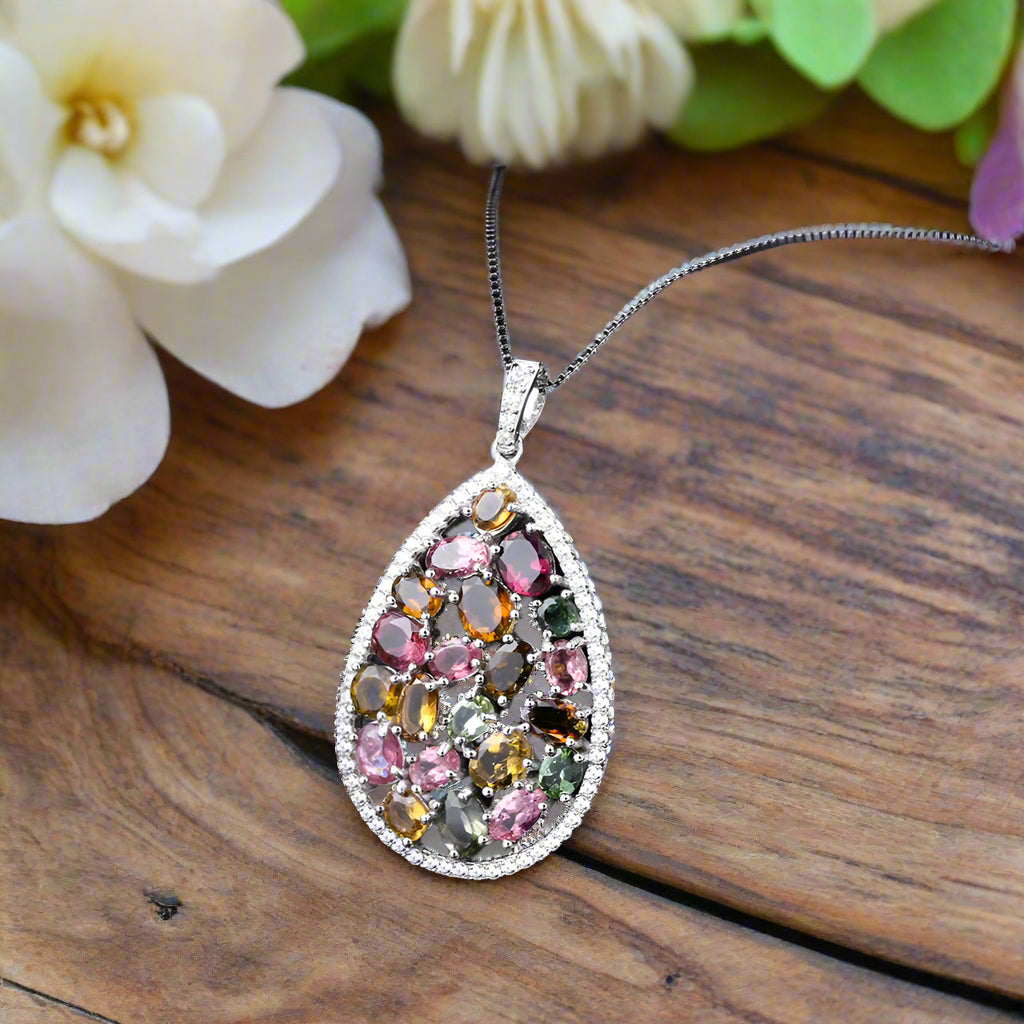GRACE Multi-Color Tourmaline Cluster Pendant Necklace in Sterling Silver