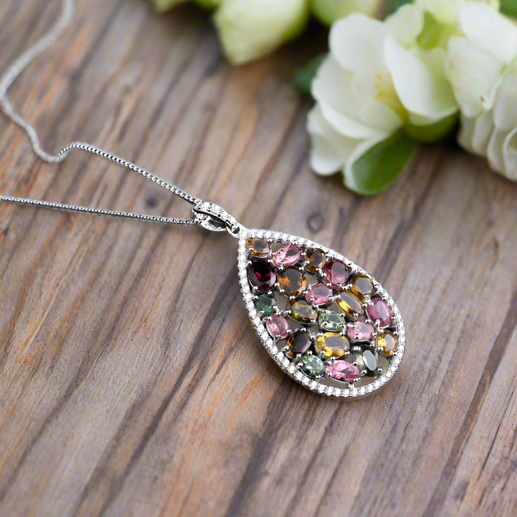 GRACE Multi-Color Tourmaline Cluster Pendant Necklace in Sterling Silver
