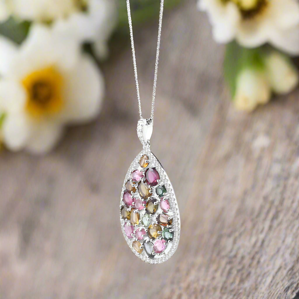 GRACE Multi-Color Tourmaline Cluster Pendant Necklace in Sterling Silver