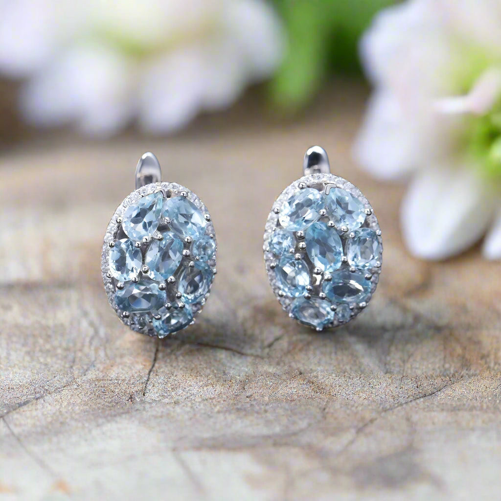 GRACE Sky Blue Topaz Oval Cluster Halo Drop Earrings in Sterling Silver
