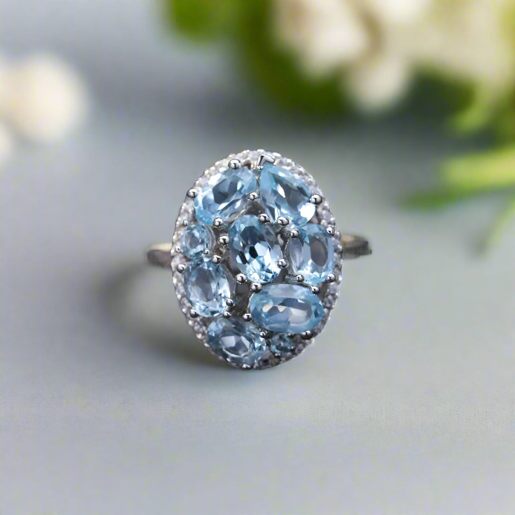 GRACE Sky Blue Topaz Oval Cluster Cocktail Ring in Sterling Silver