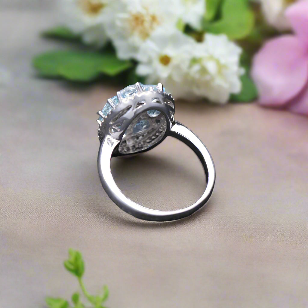 GRACE Sky Blue Topaz Oval Cluster Cocktail Ring in Sterling Silver