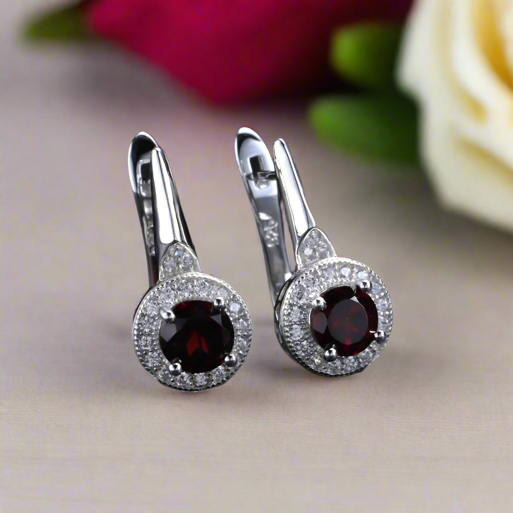 GRACE Red Garnet Halo Earrings Ring Set in Sterling Silver