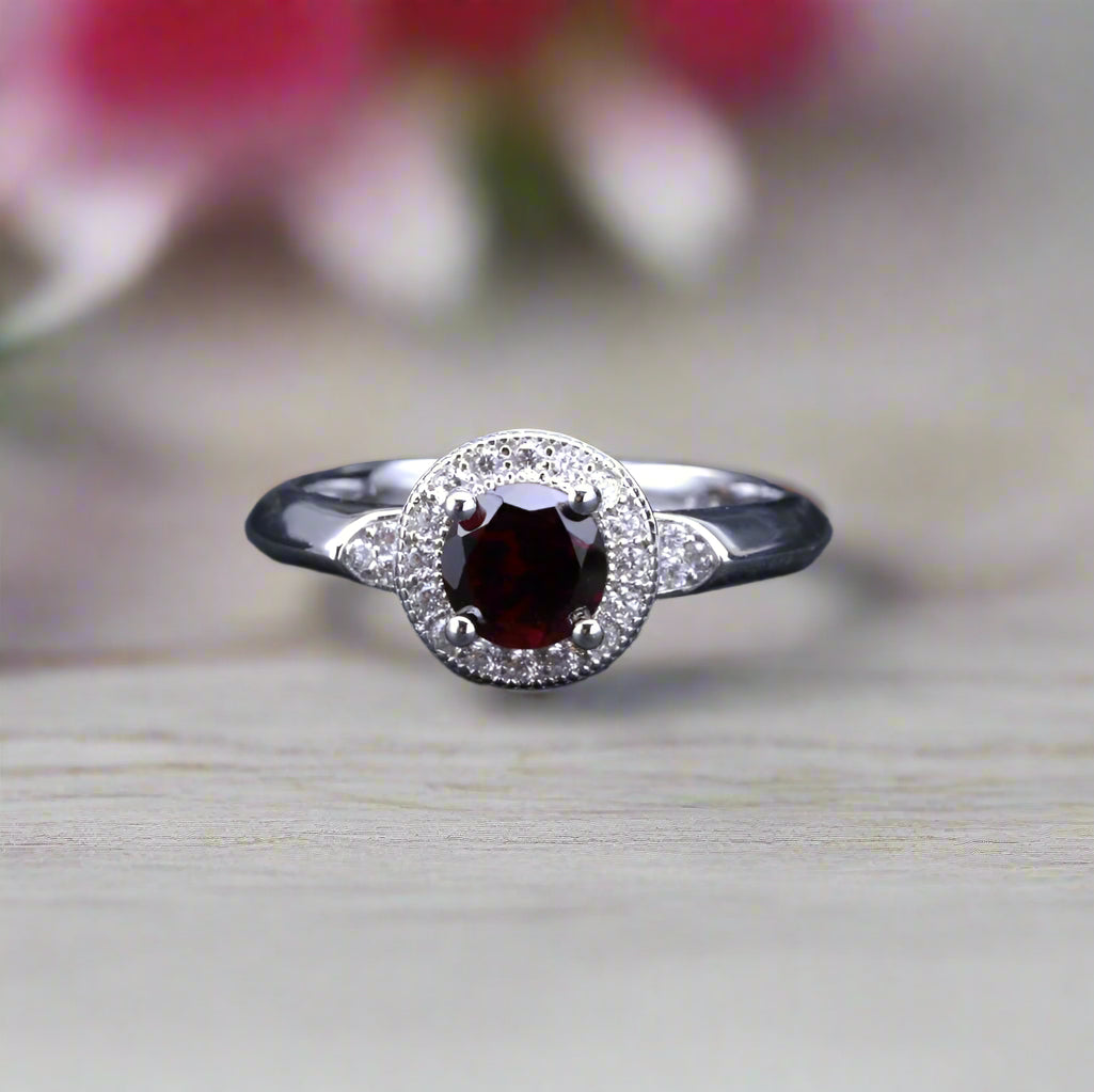 GRACE Red Garnet Halo Earrings Ring Set in Sterling Silver