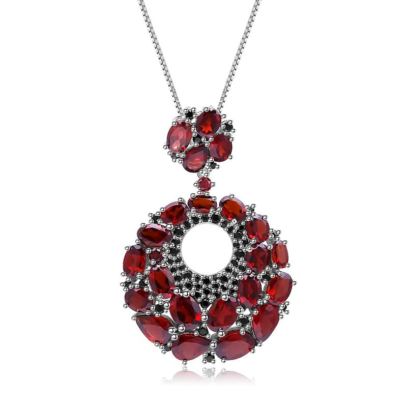 Collier pendentif rond vintage GRACE en argent sterling avec grenat