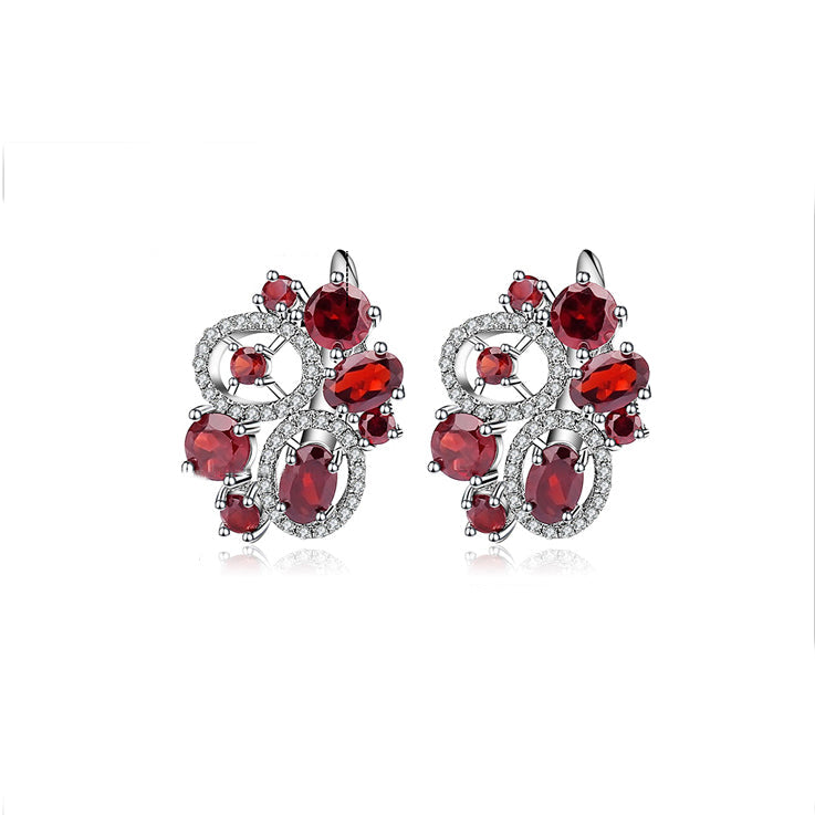 Conjunto de pendientes y anillos con flor de granate rojo GRACE en plata de ley