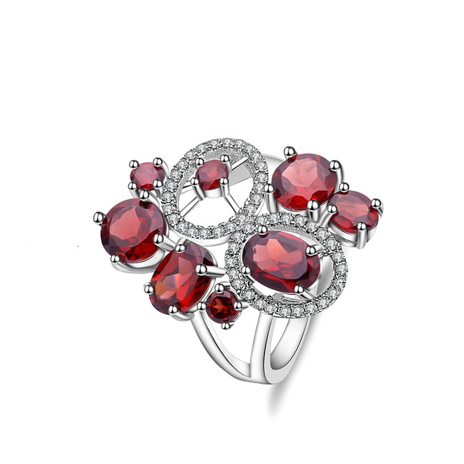 Conjunto de pendientes y anillos con flor de granate rojo GRACE en plata de ley