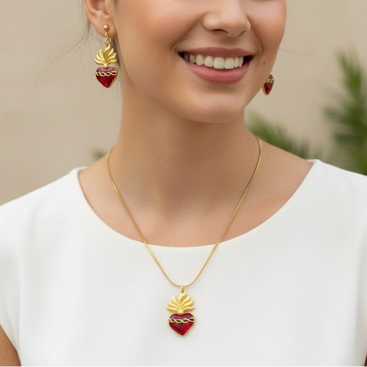 Red Sacred Heart Necklace and Earrings Set
