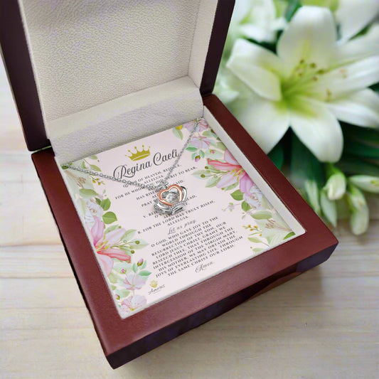 Regina Caeli Crown Pendant Necklace in Sterling Silver with ENGLISH Prayer Card