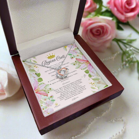 RegΓna CΓ¦li Crown Pendant Necklace in Sterling Silver with LATIN Prayer Card (with accents)