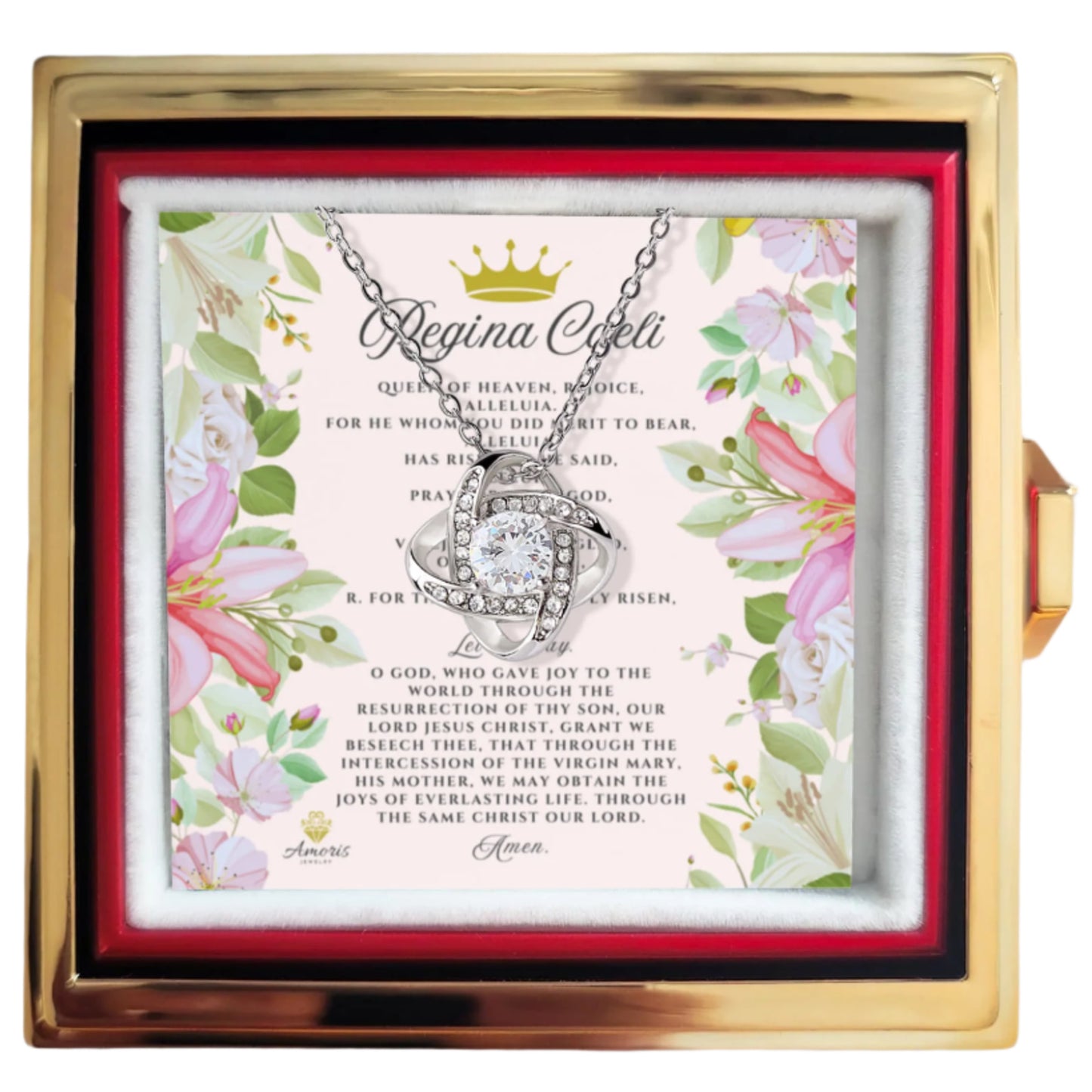 Regina Caeli Love Knot Necklace with Eternal Rose and ENGLISH Prayer Card