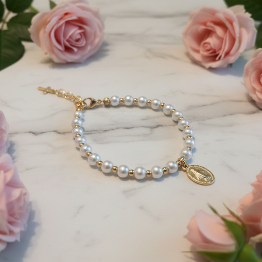 Women’s 5mm Pearl Bracelet with Gold Miraculous Medal