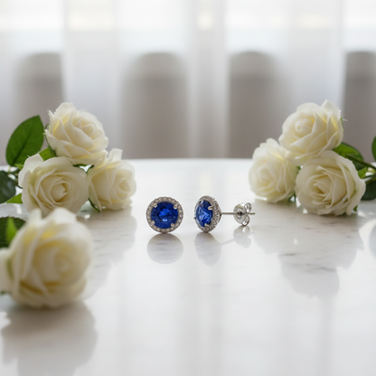 1 CT. Blue Simulated Sapphire Halo Stud Earrings in Sterling Silver