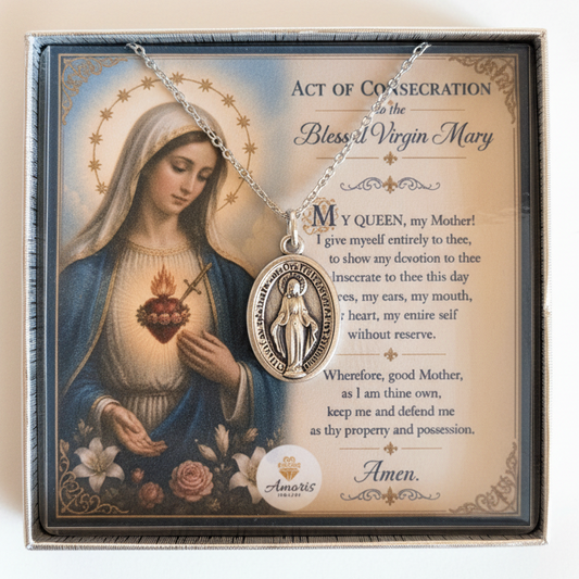 Miraculous Medal Necklace with Marian Consecration Card in ENGLISH or SPANISH