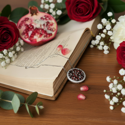 GRACE Red Garnet Round Cluster Pendant Necklace in Sterling Silver