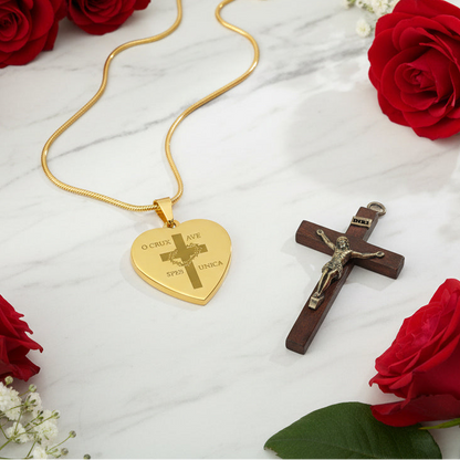 O Crux ave, spes unica Cross Heart Necklace with Personalized Engraving