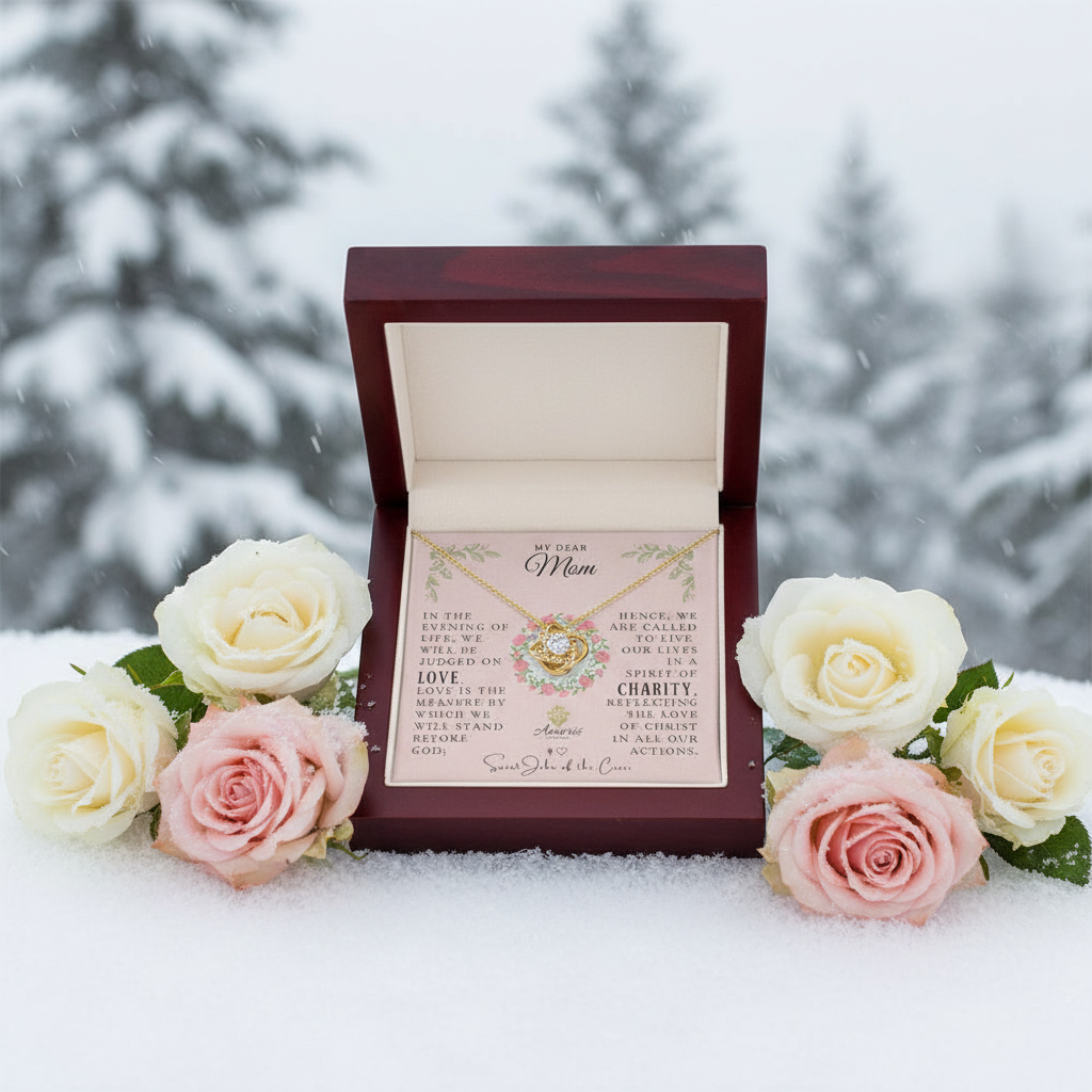 My Dear Mom Love Knot Necklace with Saint John of the Cross Quote