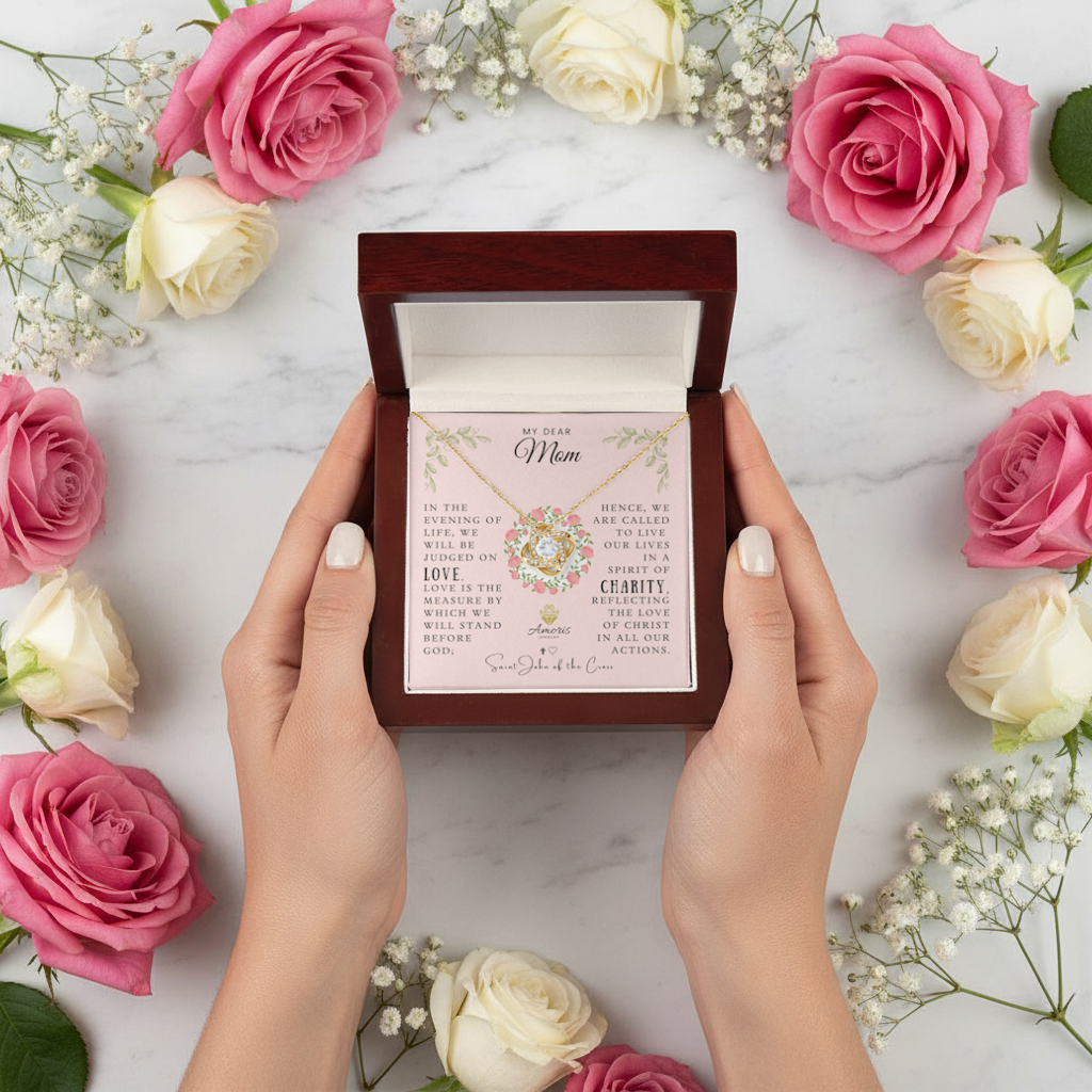 My Dear Mom Love Knot Necklace with Saint John of the Cross Quote