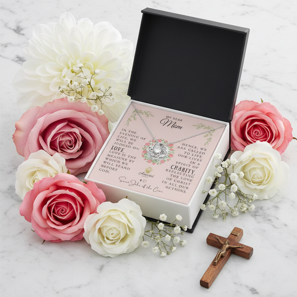 My Dear Mom Love Knot Necklace with Saint John of the Cross Quote